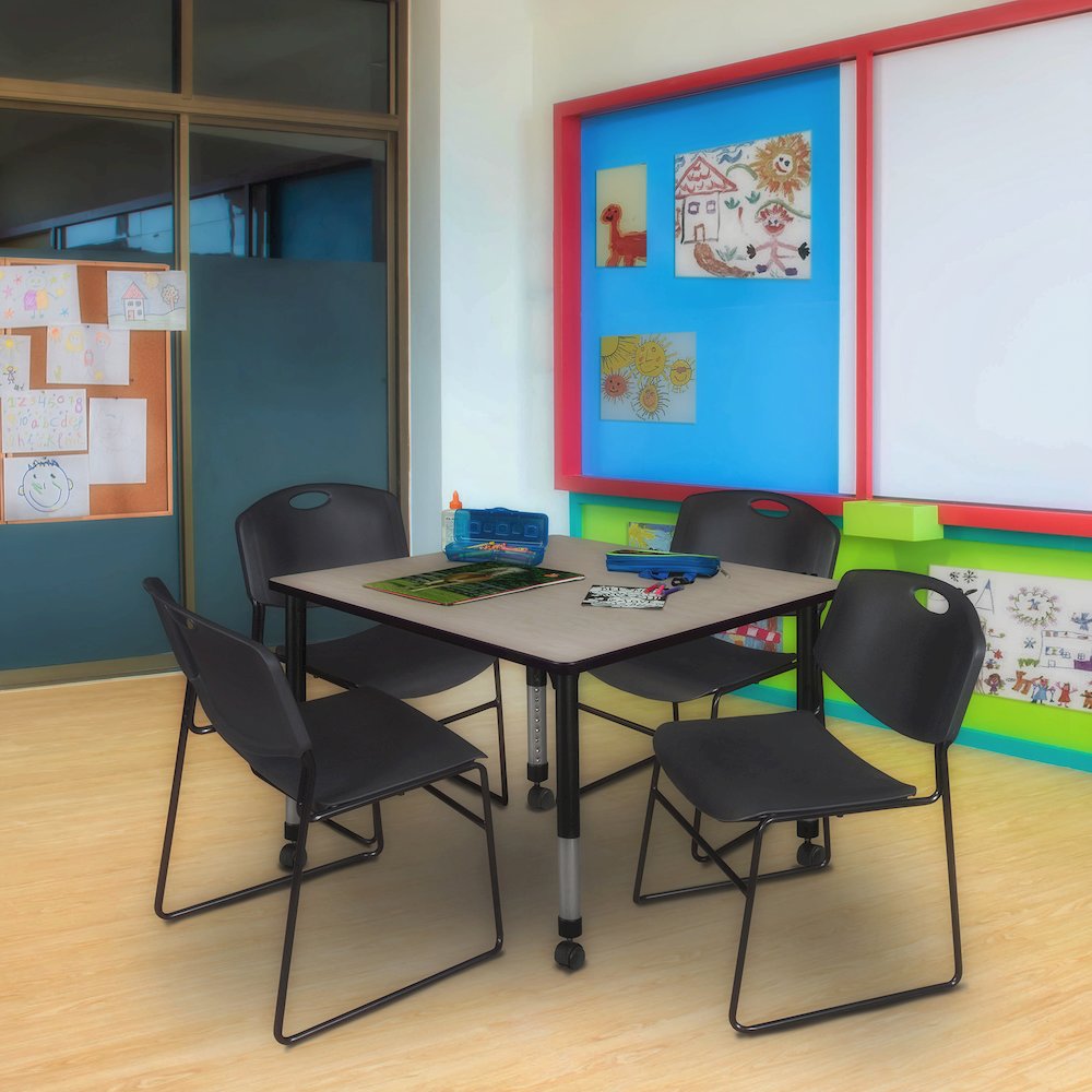 48 Square Mobile Adjustable Classroom Table- Maple & 4 Zeng Stack Chairs- Black