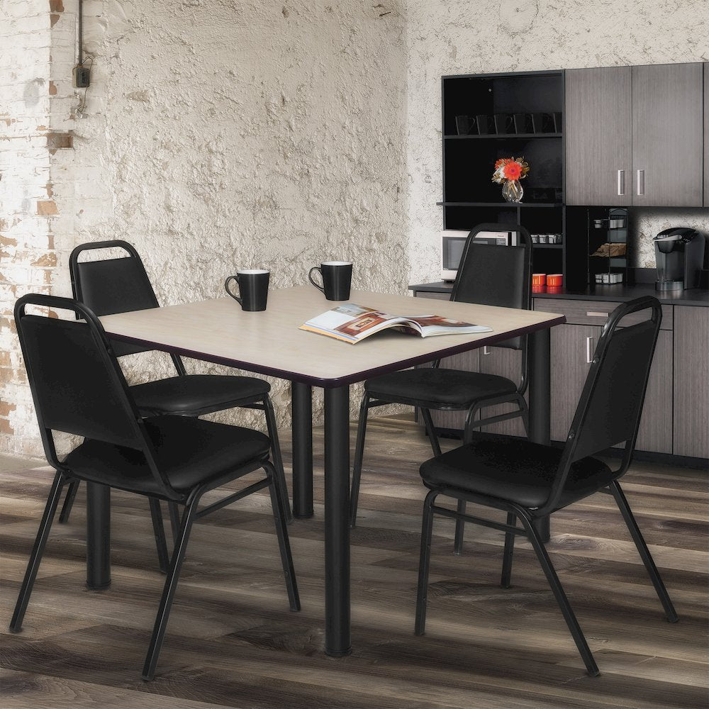 48 in Square Breakroom Table- Maple Top, Black Legs, 4 Restaurant Stack Chairs
