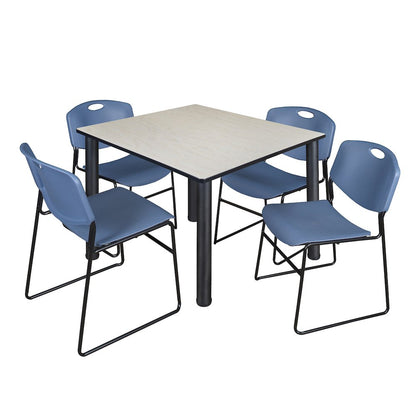 48 in Square Breakroom Table- Maple Top, Black Legs, 4 Zeng Stack Chairs- Blue