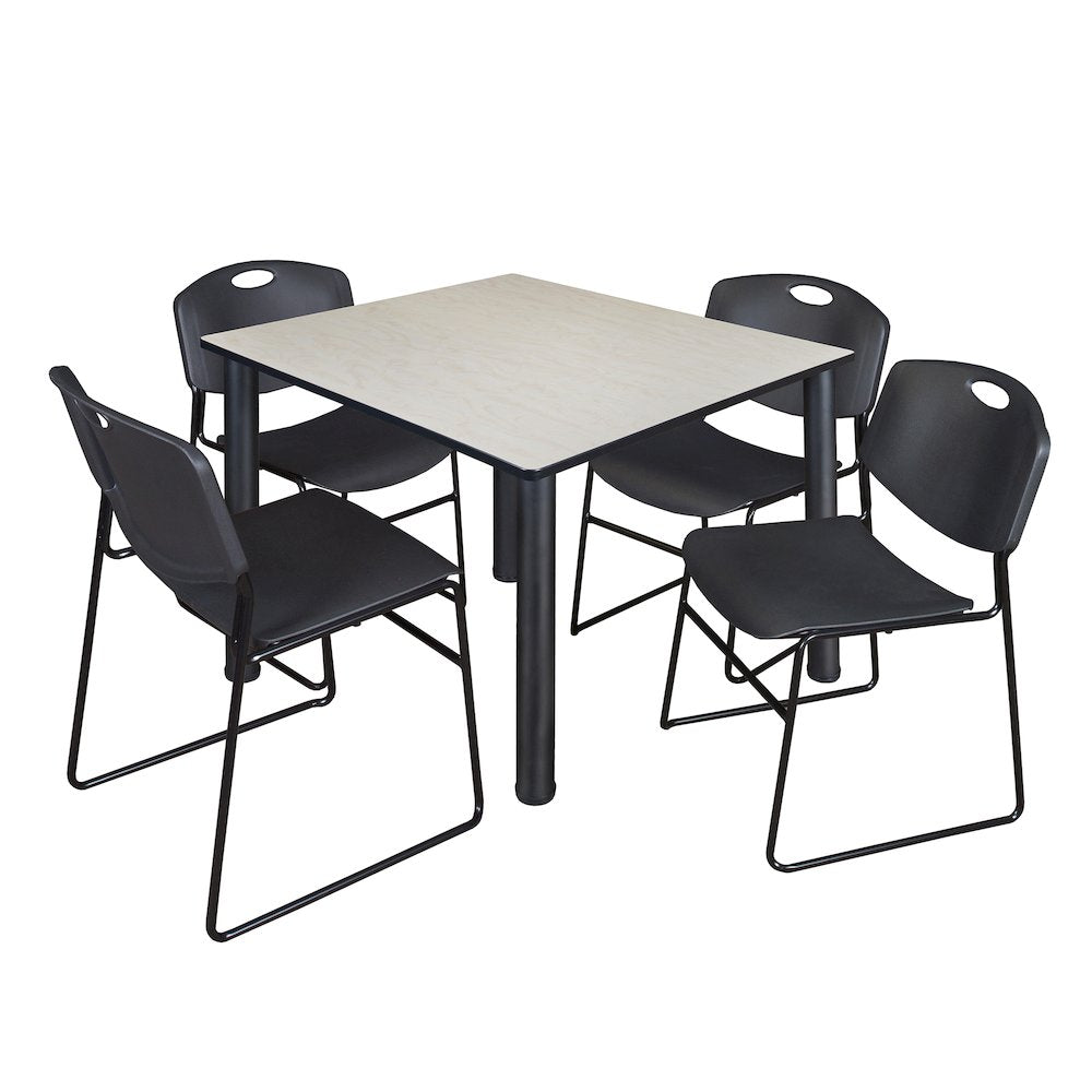48 in Square Breakroom Table- Maple Top, Black Legs, 4 Zeng Stack Chairs- Black