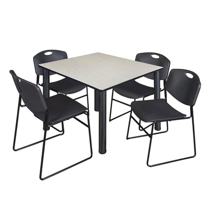 48 in Square Breakroom Table- Maple Top, Black Legs, 4 Zeng Stack Chairs- Black