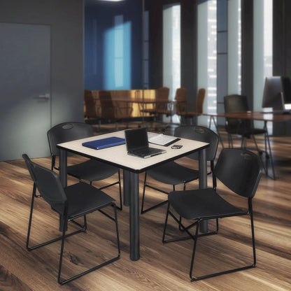 48 in Square Breakroom Table- Maple Top, Black Legs, 4 Zeng Stack Chairs- Black