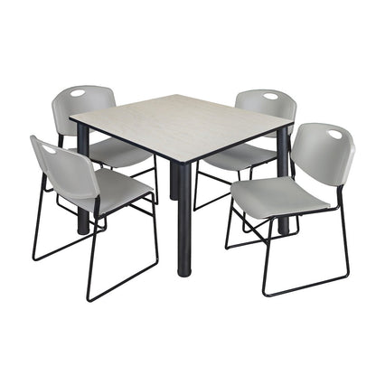 48 in Square Breakroom Table- Maple Top, Black Legs, 4 Zeng Stack Chairs- Grey