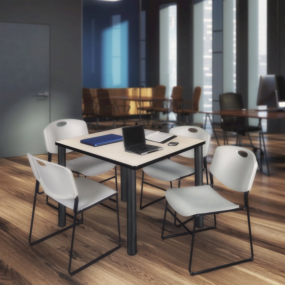48 in Square Breakroom Table- Maple Top, Black Legs, 4 Zeng Stack Chairs- Grey