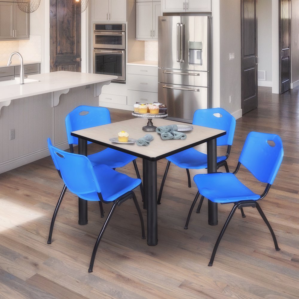 48 in Square Breakroom Table- Maple Top, Black Legs, 4 M Stack Chairs- Blue