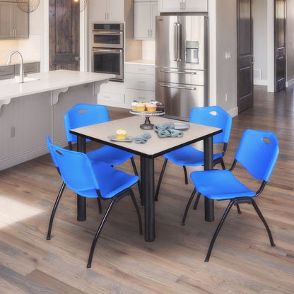 48 in Square Breakroom Table- Maple Top, Black Legs, 4 M Stack Chairs- Blue