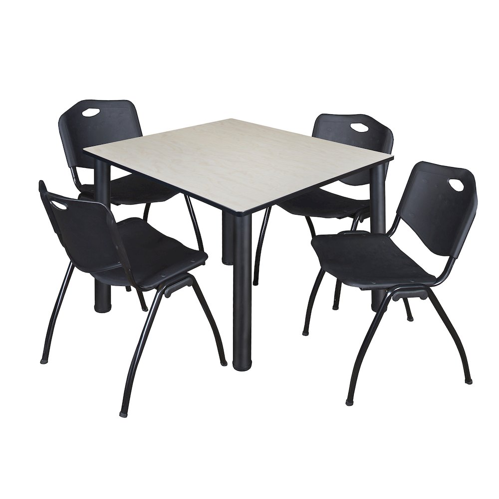 48 in Square Breakroom Table- Maple Top, Black Legs, 4 M Stack Chairs- Black
