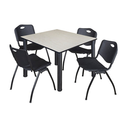 48 in Square Breakroom Table- Maple Top, Black Legs, 4 M Stack Chairs- Black