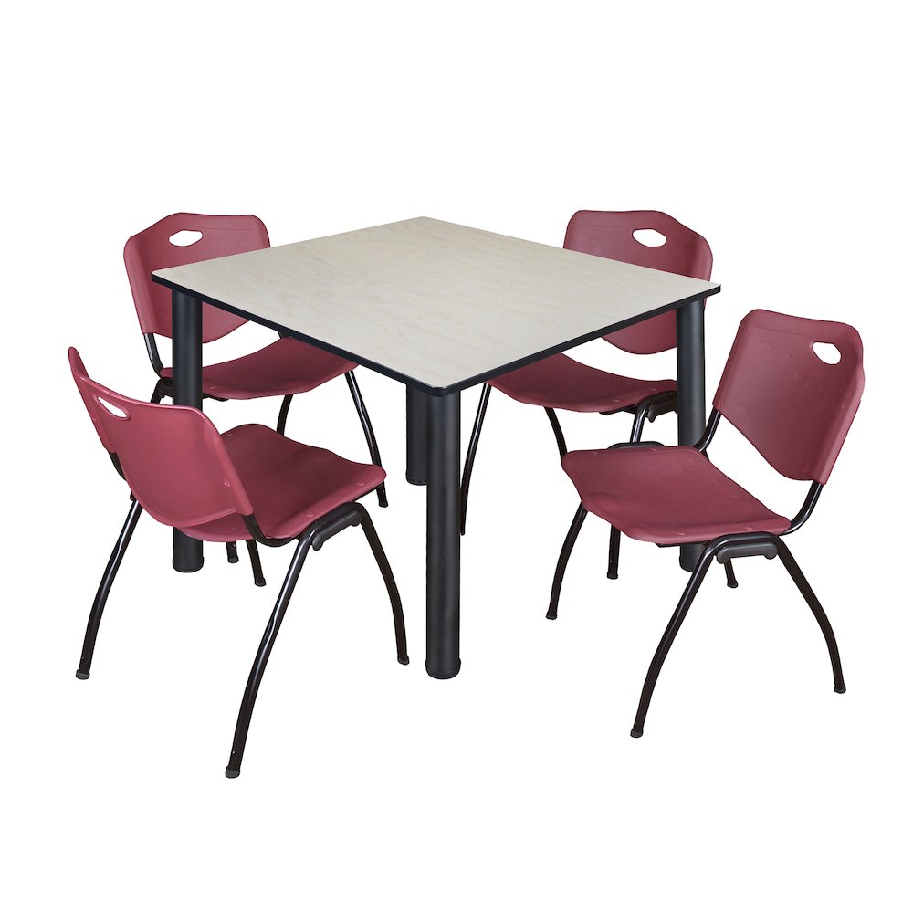 48 in Square Breakroom Table- Maple Top, Black Legs, 4 M Stack Chairs- Burgundy