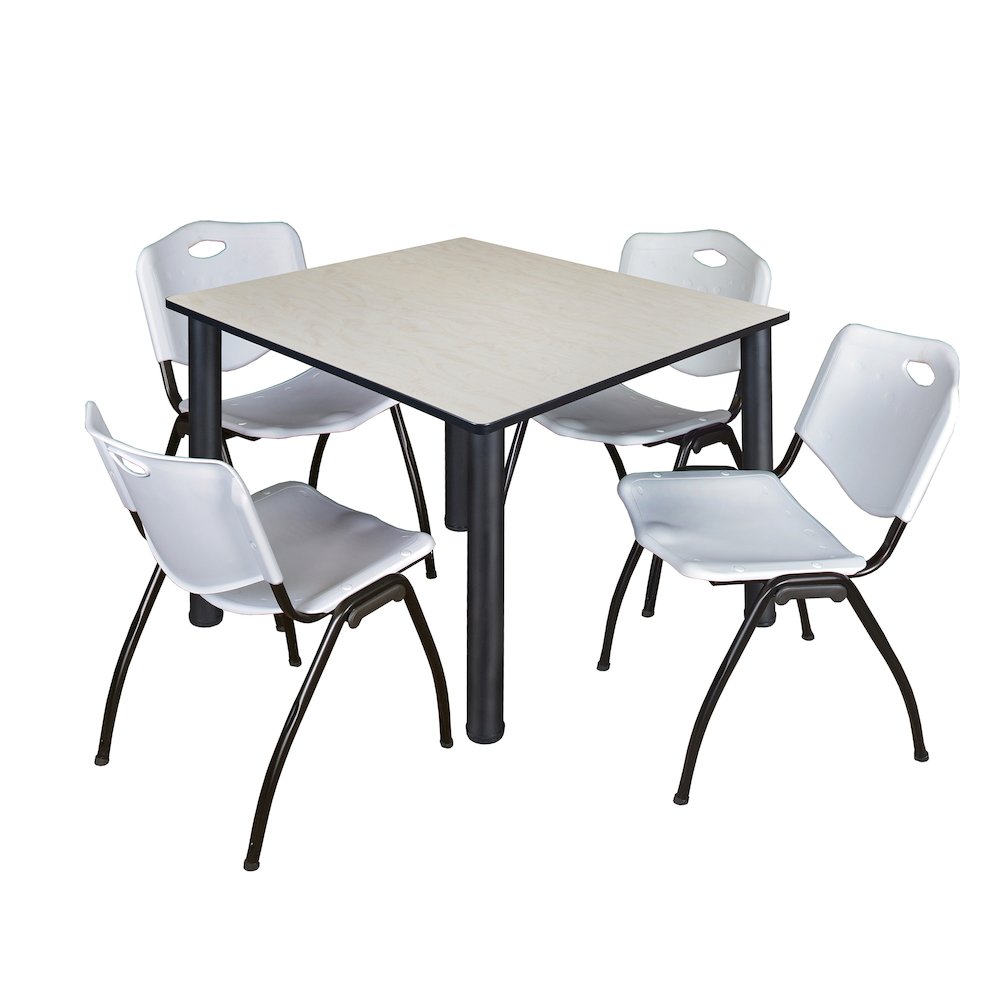 48 in Square Breakroom Table- Maple Top, Black Legs, 4 M Stack Chairs- Grey