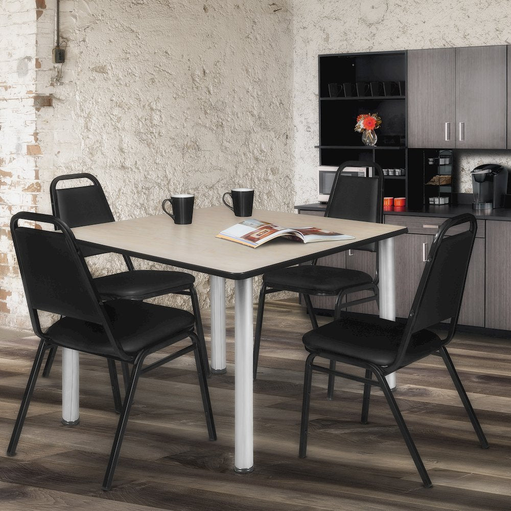 48 in Square Breakroom Table- Maple Top, Chrome Legs, 4 Restaurant Stack Chairs
