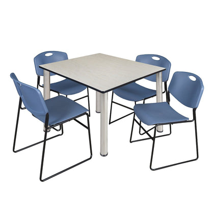 48 in Square Breakroom Table- Maple Top, Chrome Legs, 4 Zeng Stack Chairs- Blue
