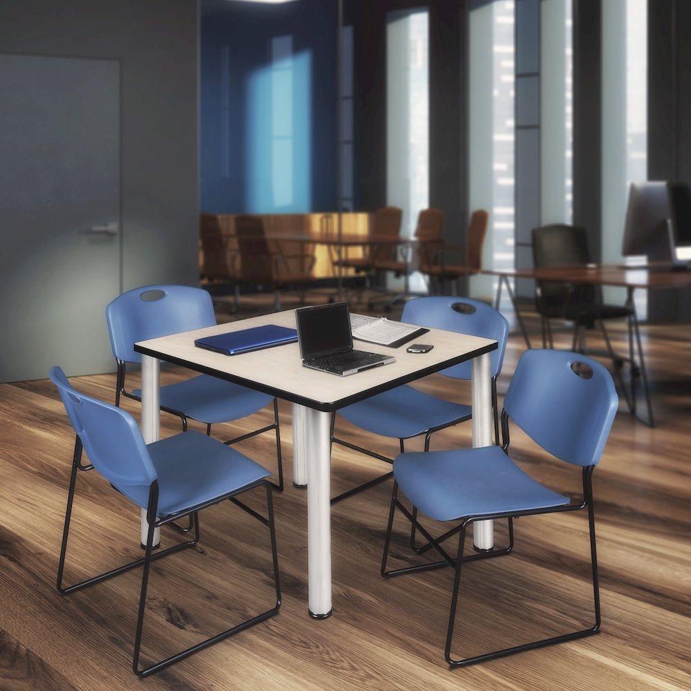 48 in Square Breakroom Table- Maple Top, Chrome Legs, 4 Zeng Stack Chairs- Blue