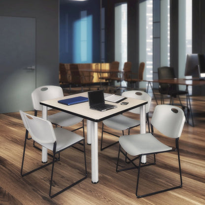 48 in Square Breakroom Table- Maple Top, Chrome Legs, 4 Zeng Stack Chairs- Grey