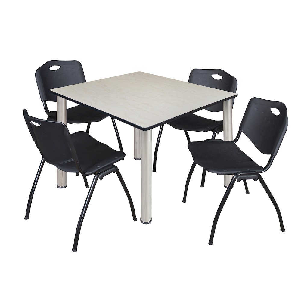 48 in Square Breakroom Table- Maple Top, Chrome Legs, 4 M Stack Chairs- Black