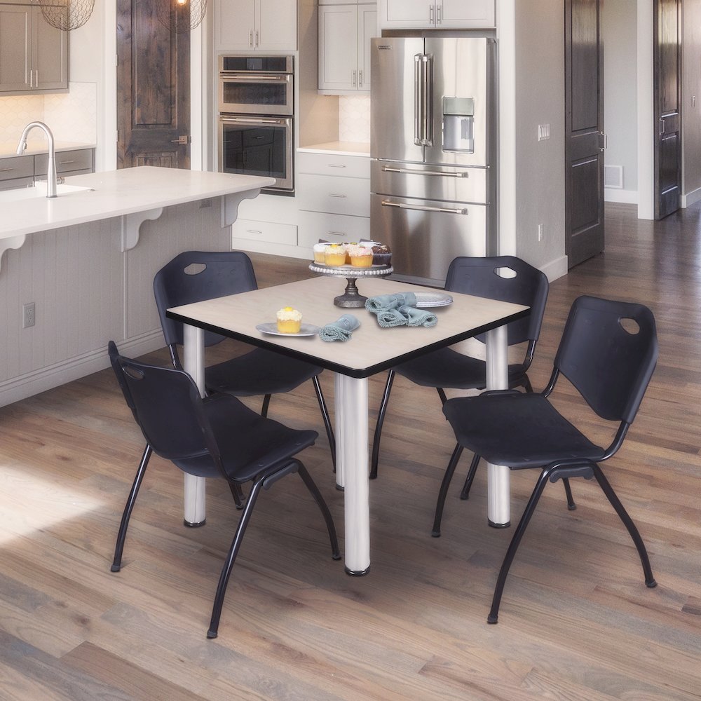 48 in Square Breakroom Table- Maple Top, Chrome Legs, 4 M Stack Chairs- Black