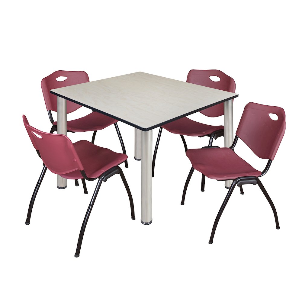 48 in Square Breakroom Table- Maple Top, Chrome Legs, 4 M Stack Chairs- Burgundy
