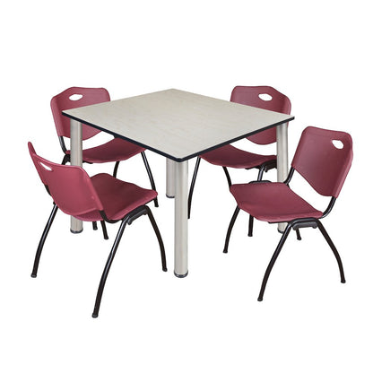 48 in Square Breakroom Table- Maple Top, Chrome Legs, 4 M Stack Chairs- Burgundy