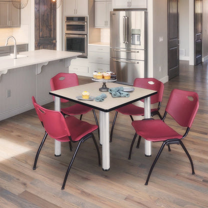 48 in Square Breakroom Table- Maple Top, Chrome Legs, 4 M Stack Chairs- Burgundy