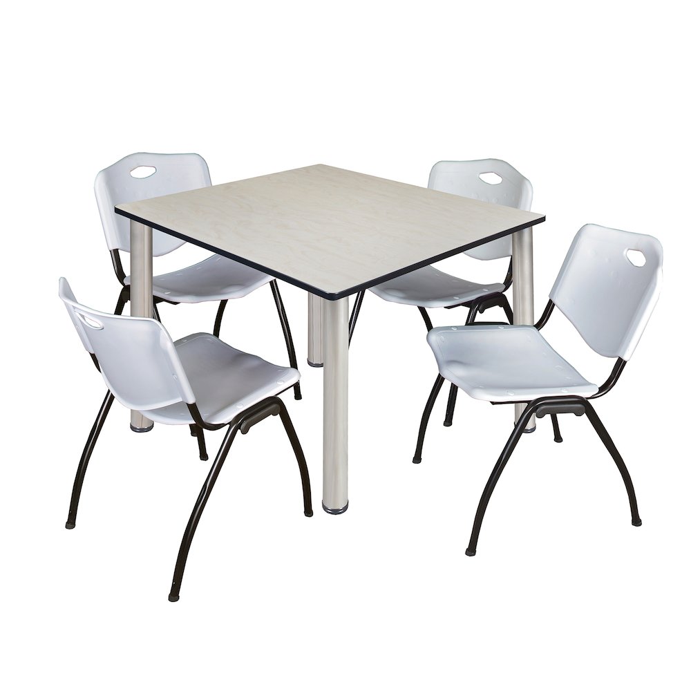 48 in Square Breakroom Table- Maple Top, Chrome Legs, 4 M Stack Chairs- Grey