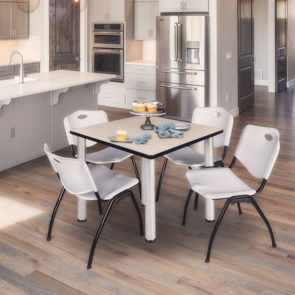 48 in Square Breakroom Table- Maple Top, Chrome Legs, 4 M Stack Chairs- Grey