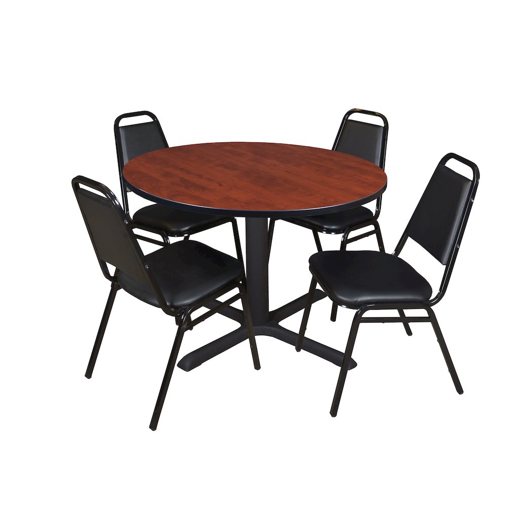 48 in. Round X-Base Breakroom Table- Cherry & 4 Restaurant Stack Chairs- Black