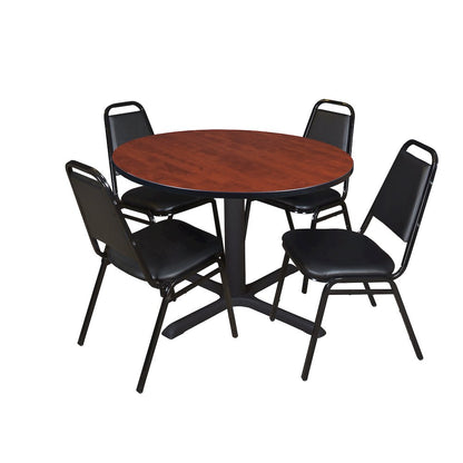 48 in. Round X-Base Breakroom Table- Cherry & 4 Restaurant Stack Chairs- Black