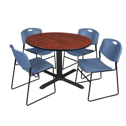 48 in. Round X-Base Breakroom Table- Cherry & 4 Zeng Stack Chairs- Blue