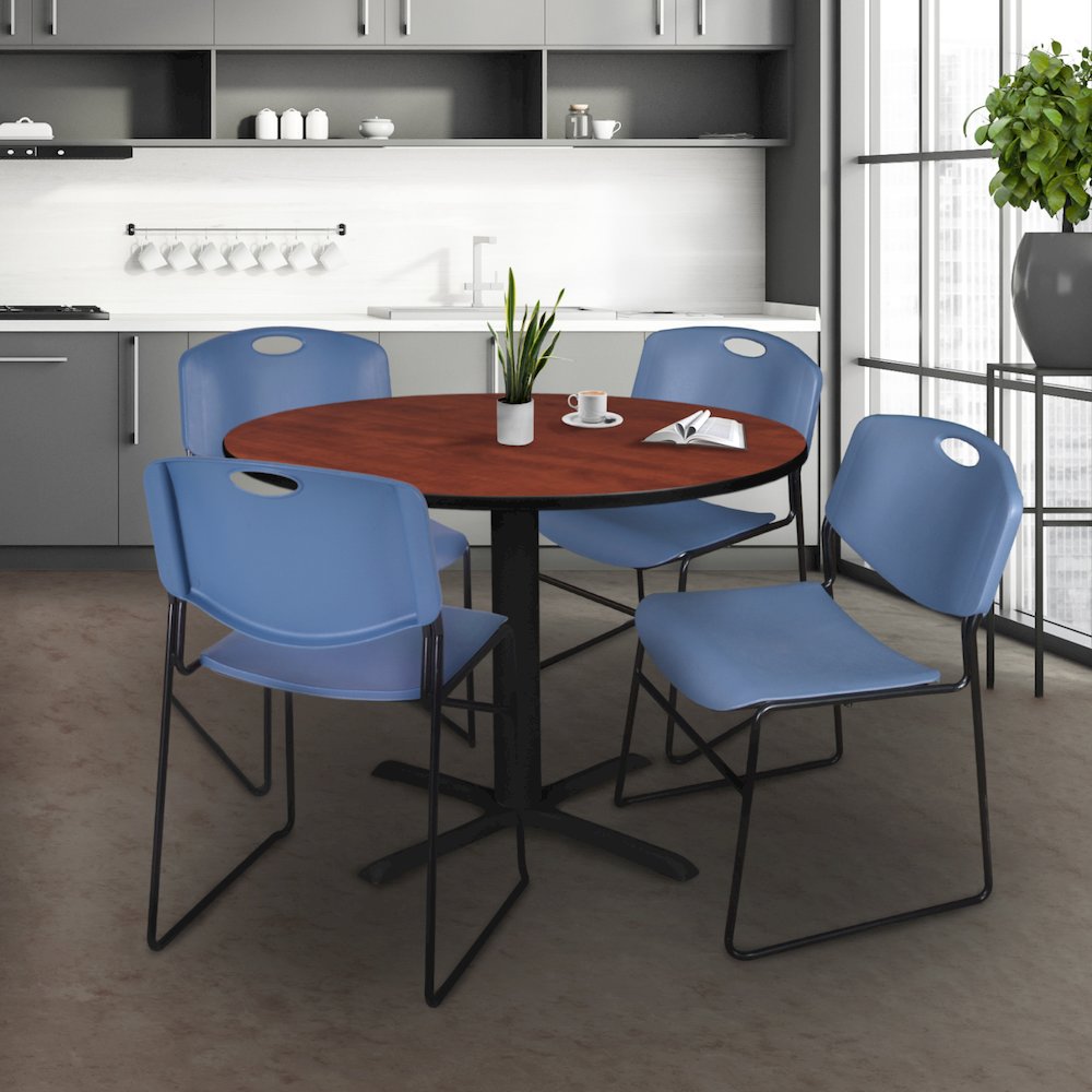 48 in. Round X-Base Breakroom Table- Cherry & 4 Zeng Stack Chairs- Blue
