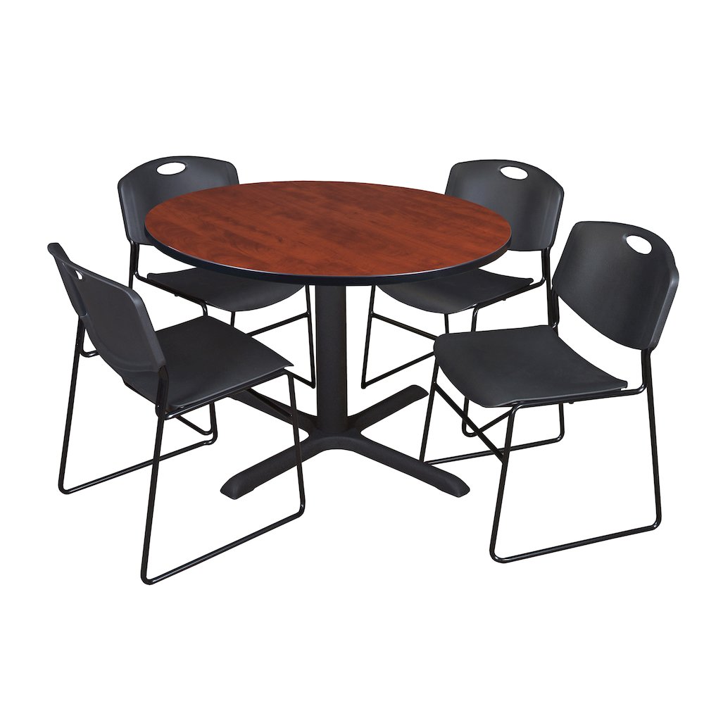 48 in. Round X-Base Breakroom Table- Cherry & 4 Zeng Stack Chairs- Black