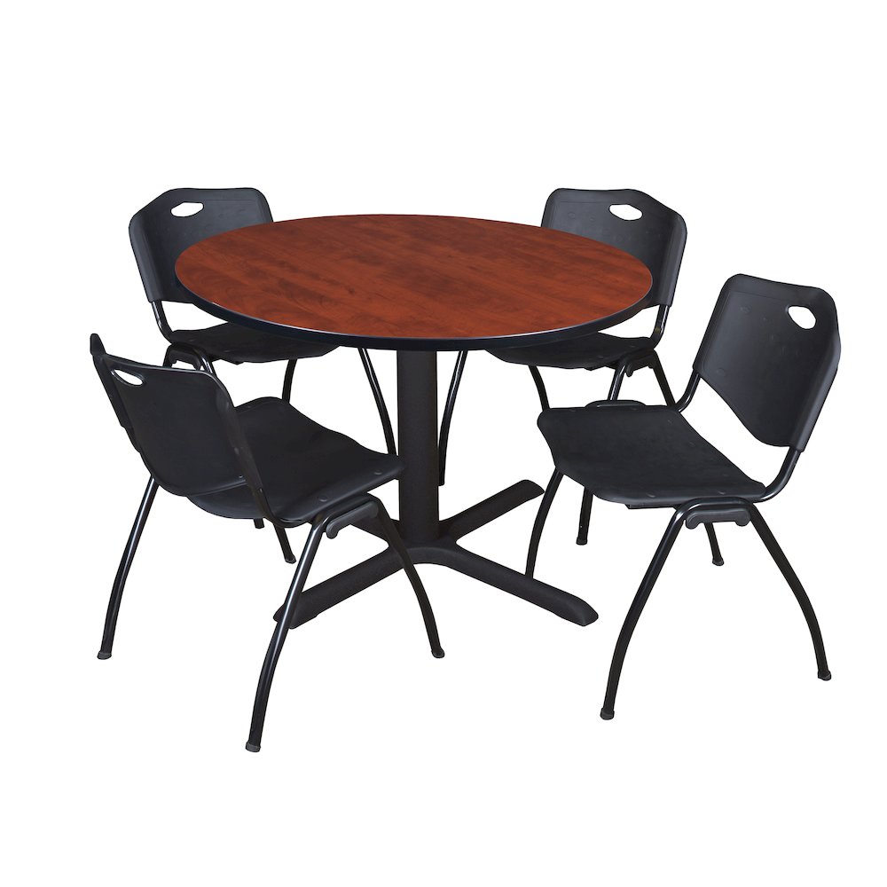 48 in. Round X-Base Breakroom Table- Cherry & 4 M Stack Chairs- Black
