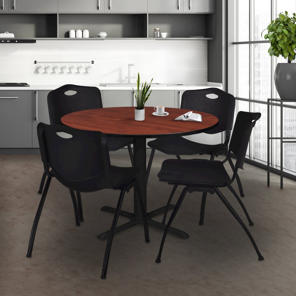 48 in. Round X-Base Breakroom Table- Cherry & 4 M Stack Chairs- Black