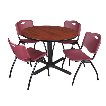 48 in. Round X-Base Breakroom Table- Cherry & 4 M Stack Chairs- Burgundy