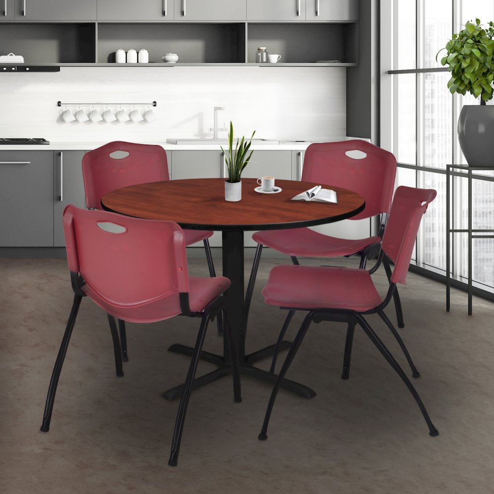 48 in. Round X-Base Breakroom Table- Cherry & 4 M Stack Chairs- Burgundy