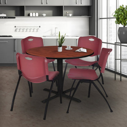 48 in. Round X-Base Breakroom Table- Cherry & 4 M Stack Chairs- Burgundy