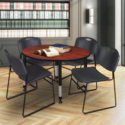 48 in. Round Adjustable Classroom Table- Cherry & 4 Zeng Stack Chairs- Black