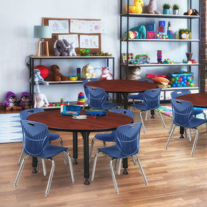 48 Round Adjustable Classroom Table- Cherry & 4 Andy 12 Stack Chairs- Blue
