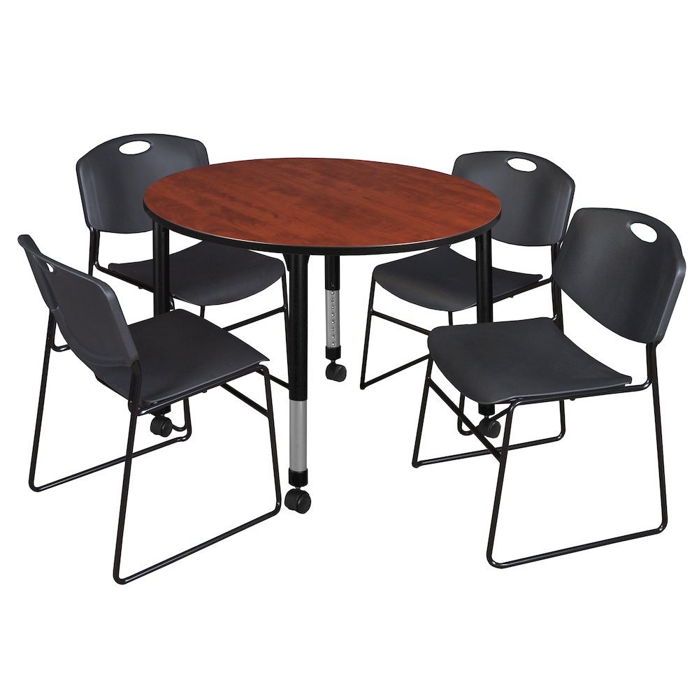 48 Round Mobile Adjustable Classroom Table- Cherry & 4 Zeng Stack Chairs- Black