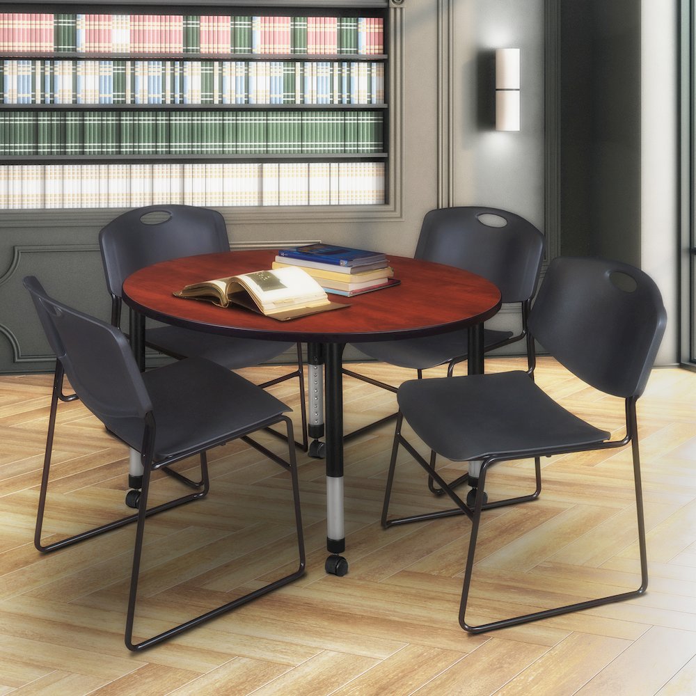 48 Round Mobile Adjustable Classroom Table- Cherry & 4 Zeng Stack Chairs- Black