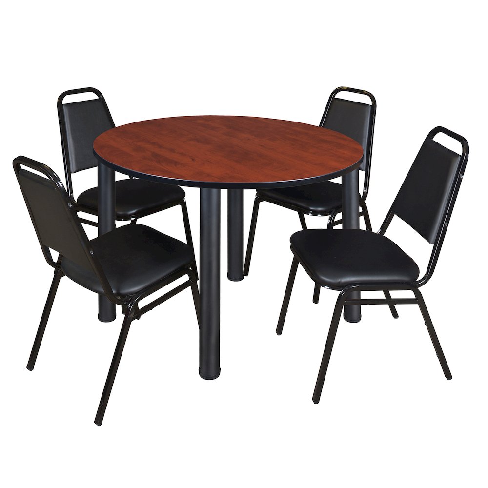48 in Round Breakroom Table- Cherry Top, Black Legs, 4 Restaurant Stack Chairs