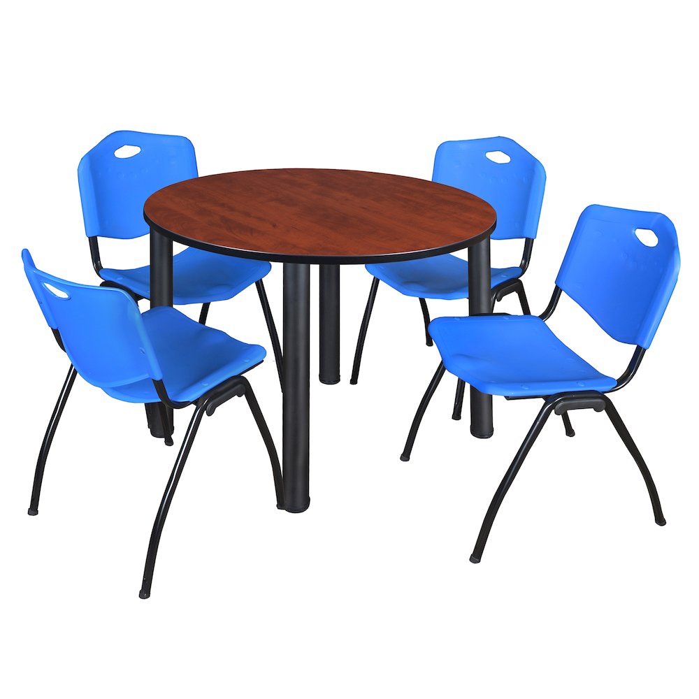 48 in Round Breakroom Table- Cherry Top, Black Legs, 4 M Stack Chairs- Blue