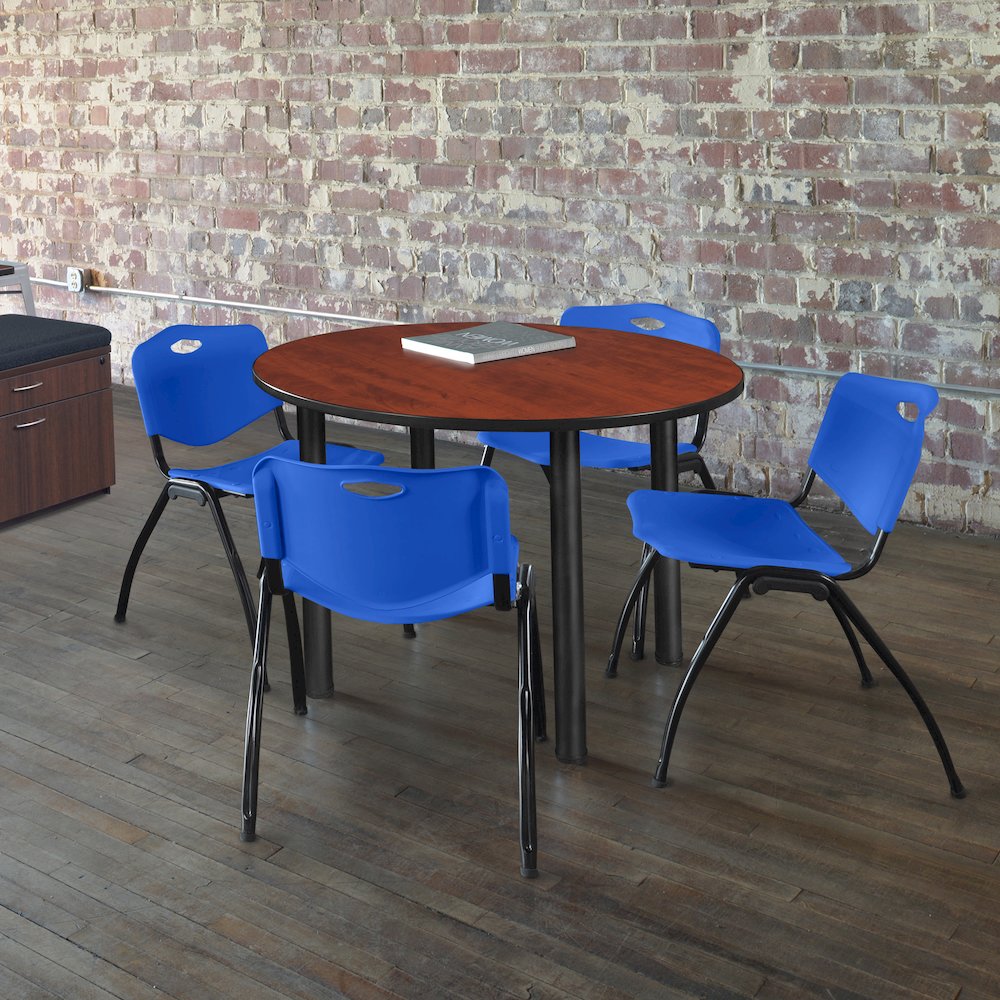 48 in Round Breakroom Table- Cherry Top, Black Legs, 4 M Stack Chairs- Blue