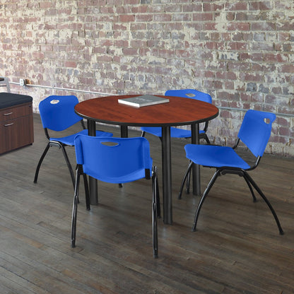 48 in Round Breakroom Table- Cherry Top, Black Legs, 4 M Stack Chairs- Blue