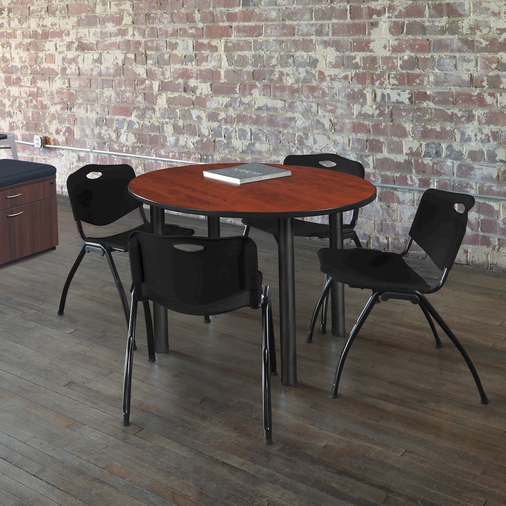 48 in Round Breakroom Table- Cherry Top, Black Legs, 4 M Stack Chairs- Black