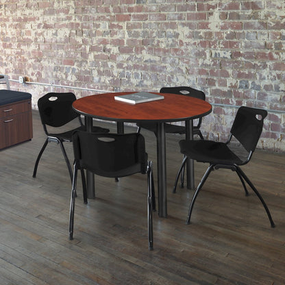 48 in Round Breakroom Table- Cherry Top, Black Legs, 4 M Stack Chairs- Black