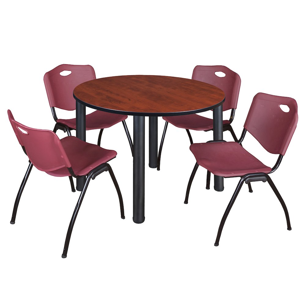 48 in Round Breakroom Table- Cherry Top, Black Legs, 4 M Stack Chairs- Burgundy