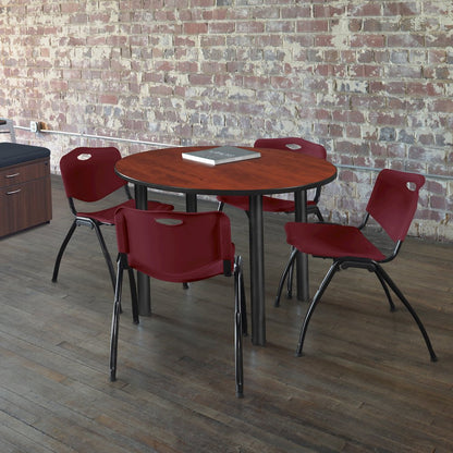 48 in Round Breakroom Table- Cherry Top, Black Legs, 4 M Stack Chairs- Burgundy