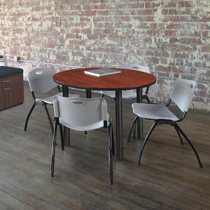 48 in Round Breakroom Table- Cherry Top, Black Legs, 4 M Stack Chairs- Grey