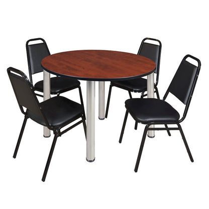 48 in Round Breakroom Table- Cherry Top, Chrome Legs, 4 Restaurant Stack Chairs