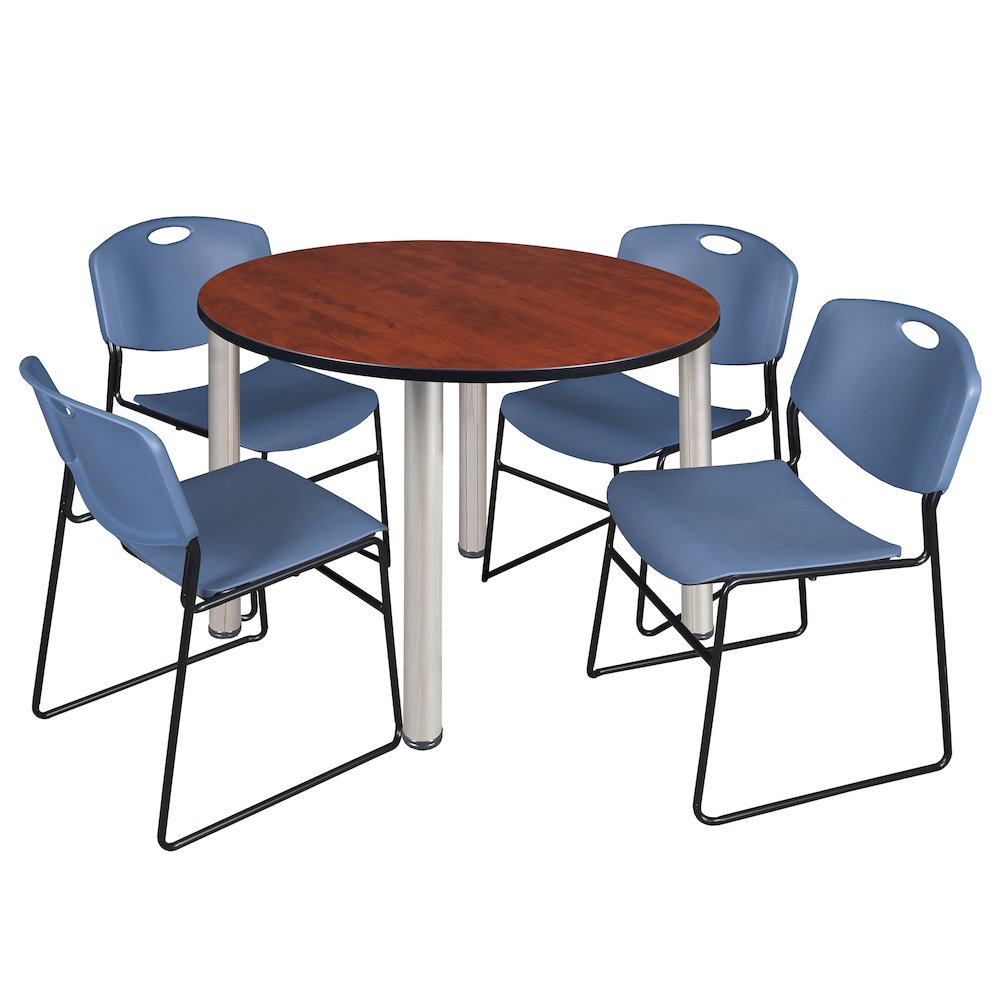 48 in Round Breakroom Table- Cherry Top, Chrome Legs, 4 Zeng Stack Chairs- Blue
